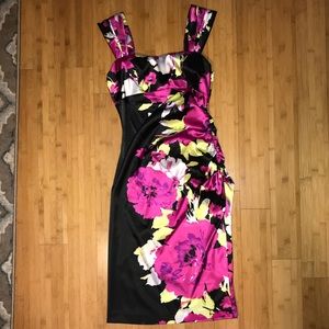 Floral stretch satin like dress.